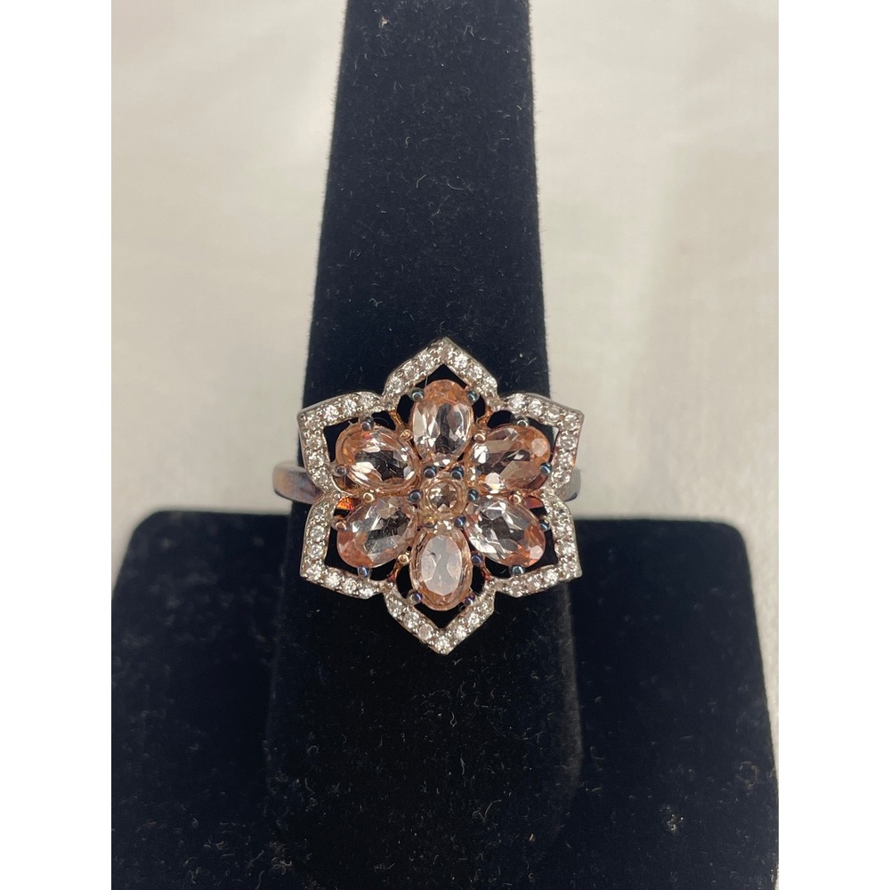 Champagne Crystal Flower Cocktail Ring Silver Tone Hexagon Statement Size 8